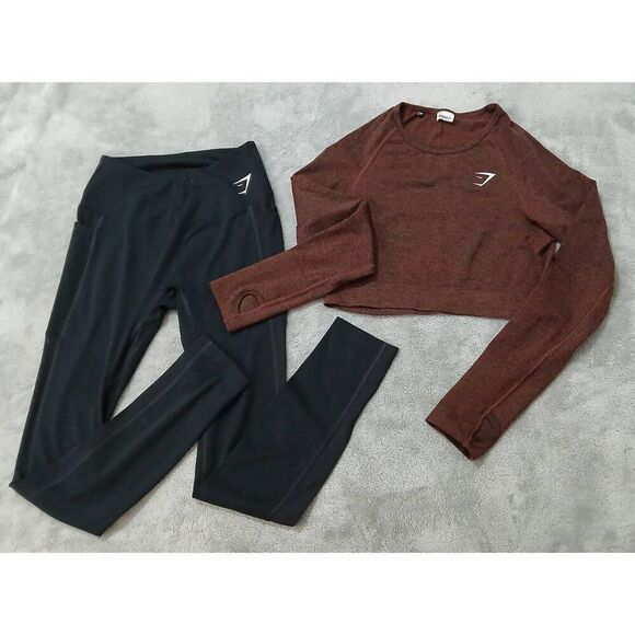 Gymshark womens medium black leggings rust brown running top longsleeve set - Picture 1 of 7